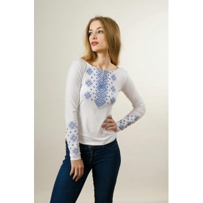 Embroidered t-shirt with long sleeves "Carpathian Ornament" blue on white